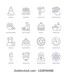 set of 16 thin linear icons such as abrahamic, agnosticism, anglican, animism, asceticism, atheism, blasphemy from religion collection on white background, outline sign icons or symbols