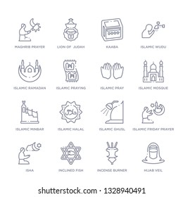 set of 16 thin linear icons such as hijab veil, incense burner, inclined fish, isha, islamic friday prayer, islamic ghusl, islamic halal from religion collection on white background, outline sign