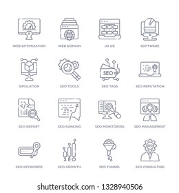 set of 16 thin linear icons such as seo consulting, seo funnel, seo growth, keywords, management, monitoring, ranking from programming collection on white background, outline sign icons or symbols