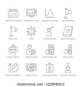 set of 16 thin linear icons such as window scrolling left, application form, online class, steps to complete, check mark, smartphone app, users settings from education collection on white