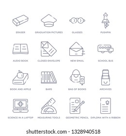 set of 16 thin linear icons such as diploma with a ribbon, geometric pencil, measuring tools, science in a laptop, archives, bag of books, bars from education collection on white background, outline