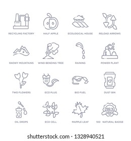 set of 16 thin linear icons such as 100   natural badge, mapple leaf, eco cell, oil drops, dust bin, bio fuel, eco plug from ecology collection on white background, outline sign icons or symbols