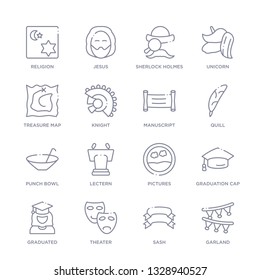 set of 16 thin linear icons such as garland, sash, theater, graduated, graduation cap, pictures, lectern from education collection on white background, outline sign icons or symbols