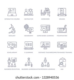 set of 16 thin linear icons such as ask, asynchronous learning, blended learning, business education, computer-based training, distance teacher, e learning from elearning and education collection on