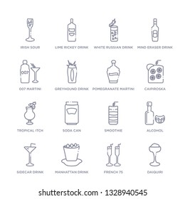 set of 16 thin linear icons such as daiquiri, french 75, manhattan drink, sidecar drink, alcohol, smoothie, soda can from drinks collection on white background, outline sign icons or symbols