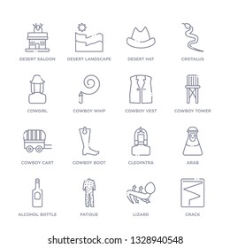 set of 16 thin linear icons such as crack, lizard, fatigue, alcohol bottle, arab, cleopatra, cowboy boot from desert collection on white background, outline sign icons or symbols