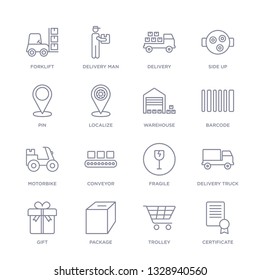 set of 16 thin linear icons such as certificate, trolley, package, gift, delivery truck, fragile, conveyor from delivery and logistic collection on white background, outline sign icons or symbols