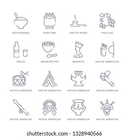 set of 16 thin linear icons such as native american mask, native american pot, native american skull, spear, tomahawk, totem, wigwam from culture collection on white background, outline sign icons