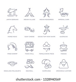 set of 16 thin linear icons such as crocodile leather bag, dumplings, egg roll, ensalada malague?a, fabada, female bikini piece, food stall from culture collection on white background, outline sign