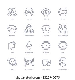 set of 16 thin linear icons such as strongbox, vga card, withdraw, won, yen, bitcoin, ethereum from cryptocurrency economy collection on white background, outline sign icons or symbols