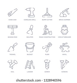 set of 16 thin linear icons such as screws, screw, ladder, nail, anvil, plier, bucket from construction tools collection on white background, outline sign icons or symbols