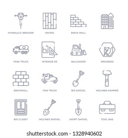 set of 16 thin linear icons such as tool bag, short shovel, inclined shovel, big closet, inclined hammer, big shovel, tow truck from construction collection on white background, outline sign icons