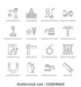 set of 16 thin linear icons such as wood saw, derrick with ball, man painting, inclined magnet, derrick with box, five meters ruler, angle ruler from construction collection on white background,