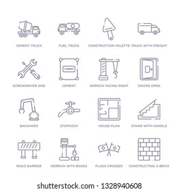 set of 16 thin linear icons such as constructing a brick wall, flags crossed, derrick with boxes, road barrier, stairs with handle, house plan, stopcock from construction collection on white