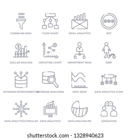 set of 16 thin linear icons such as consulting, data analysis pie chart, data analytics, data analytics circular, analytics flow, wave, database analysing from business and analytics collection on