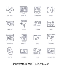 set of 16 thin linear icons such as influencer, home, vlogger, selfie, follower, like, weights from blogger and influencer collection on white background, outline sign icons or symbols