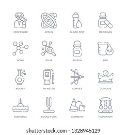 set of 16 thin linear icons such as momentum, geometry, sound fork, submerge, concave, convex, ph meter from science collection on white background, outline sign icons or symbols