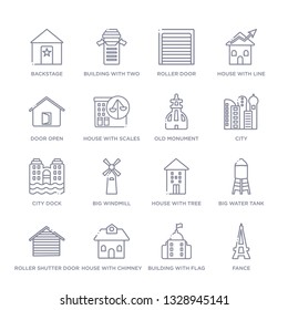 set of 16 thin linear icons such as fance, building with flag, house with chimney, roller shutter door, big water tank, house with tree, big windmill from buildings collection on white background,