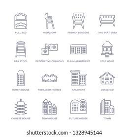 set of 16 thin linear icons such as town, future house, townhouse, chinese house, detached, aparment, terraced houses from buildings collection on white background, outline sign icons or symbols