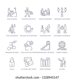 set of 16 thin linear icons such as sitting, profit report, cit card and ticket, nails, ferris wheels, professional advance, man with solutions from business collection on white background, outline