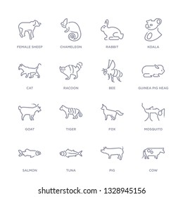 set of 16 thin linear icons such as cow, pig, tuna, salmon, mosquito, fox, tiger from animals collection on white background, outline sign icons or symbols