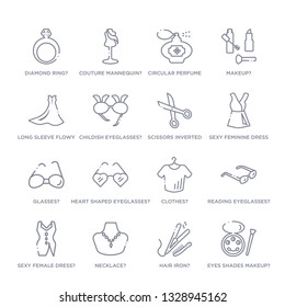 set of 16 thin linear icons such as eyes shades makeup?, hair iron?, necklace?, sexy female dress?, reading eyeglasses?, clothes?, heart shaped eyeglasses? from woman clothing collection on white