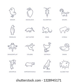 set of 16 thin linear icons such as globe fish, sparrow, hippopotamus, grampus, swan, ostrich, colibri from animals collection on white background, outline sign icons or symbols