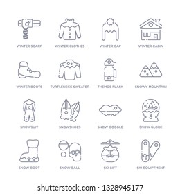 set of 16 thin linear icons such as ski equiptment, ski lift, snow ball, snow boot, snow globe, goggle, snowshoes from winter collection on white background, outline sign icons or symbols