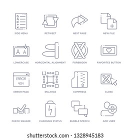 set of 16 thin linear icons such as add user, bubble speech, charging status, check square, close, compress, enlarge from user interface collection on white background, outline sign icons or symbols