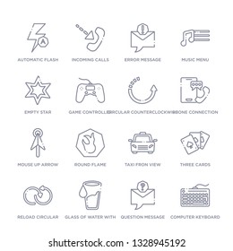 set of 16 thin linear icons such as computer keyboard, question message, glass of water with drop, reload circular arrow, three cards, taxi fron view, round flame from ultimate glyphicons collection