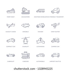 set of 16 thin linear icons such as airport shuttle, automobile, caboose, cabriolet, camper car, catamaran, chairlift from transportation collection on white background, outline sign icons or