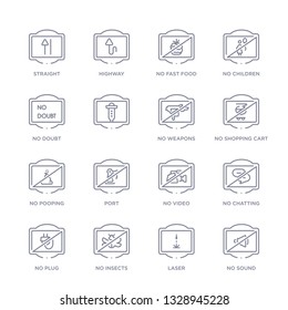 set of 16 thin linear icons such as no sound, laser, no insects, no plug, chatting, video, port from traffic signs collection on white background, outline sign icons or symbols