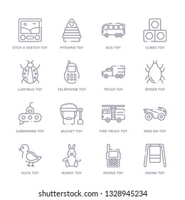 set of 16 thin linear icons such as swing toy, phone toy, bunny toy, duck ride on fire truck bucket toy from toys collection on white background, outline sign icons or symbols
