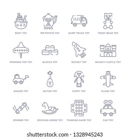 set of 16 thin linear icons such as car toy, thinking game toy, rocking horse toy, spinner plane puppy guitar toy from toys collection on white background, outline sign icons or symbols