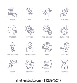 set of 16 thin linear icons such as infinite, event, reminder, hurry, save time, sync, time manager from time management collection on white background, outline sign icons or symbols
