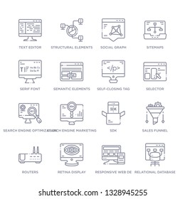 set of 16 thin linear icons such as relational database management system, responsive web de, retina display, routers, sales funnel, sdk, search engine marketing from technology collection on white