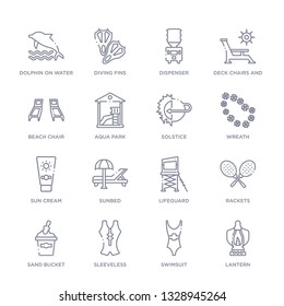 set of 16 thin linear icons such as lantern, swimsuit, sleeveless, sand bucket, rackets, lifeguard, sunbed from summer collection on white background, outline sign icons or symbols