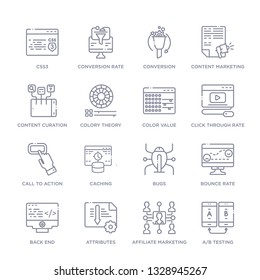 set of 16 thin linear icons such as a/b testing, affiliate marketing, attributes, back end, bounce rate, bugs, caching from technology collection on white background, outline sign icons or symbols