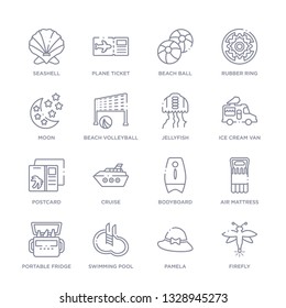 set of 16 thin linear icons such as firefly, pamela, swimming pool, portable fridge, air mattress, bodyboard, cruise from summer collection on white background, outline sign icons or symbols