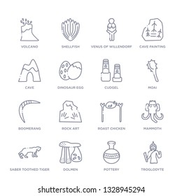 set of 16 thin linear icons such as troglodyte, pottery, dolmen, saber toothed tiger, mammoth, roast chicken, rock art from stone age collection on white background, outline sign icons or symbols