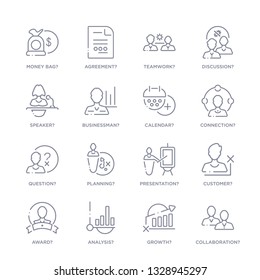 set of 16 thin linear icons such as collaboration?, growth?, analysis?, award?, customer?, presentation?, planning? from strategy collection on white background, outline sign icons or symbols