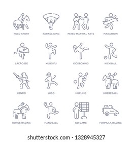 set of 16 thin linear icons such as formula racing, go game, handball, horse racing, horseball, hurling, judo from sport collection on white background, outline sign icons or symbols