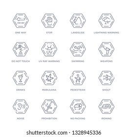 set of 16 thin linear icons such as ironing, no packing, prohibition, noise, shout, pedestrian, marijuana from signs collection on white background, outline sign icons or symbols