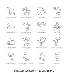 set of 16 thin linear icons such as aerobics, aikido, artistic gymnastics, baseball bat, baseball glove, baton twirling, bodybuilding from sport collection on white background, outline sign icons or