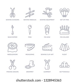 set of 16 thin linear icons such as buttonhole, garment, grommet, pinking shears, pleat, sewing clip art, measuring from sew collection on white background, outline sign icons or symbols