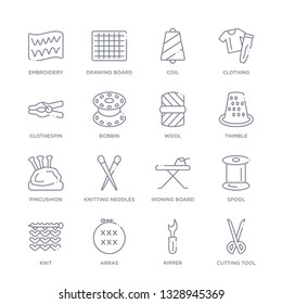 set of 16 thin linear icons such as cutting tool, ripper, arras, knit, spool, ironing board, knitting neddles from sew collection on white background, outline sign icons or symbols
