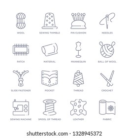 set of 16 thin linear icons such as fabric, leather, spool of thread, sewing machine, crochet, thread, pocket from sew collection on white background, outline sign icons or symbols