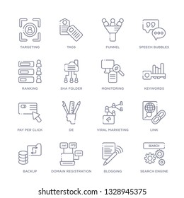 set of 16 thin linear icons such as search engine, blogging, domain registration, backup, link, viral marketing, de from search engine optimization collection on white background, outline sign icons