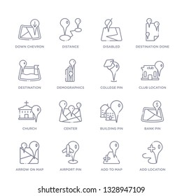 set of 16 thin linear icons such as add location, add to map, airport pin, arrow on map, bank pin, building pin, center from maps and locations collection on white background, outline sign icons or