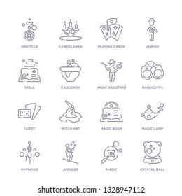 set of 16 thin linear icons such as crystal ball, magic, juggler, hypnosis, magic lamp, magic book, witch hat from magic collection on white background, outline sign icons or symbols